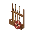 Training weapon rack · light wood, burgundy shield